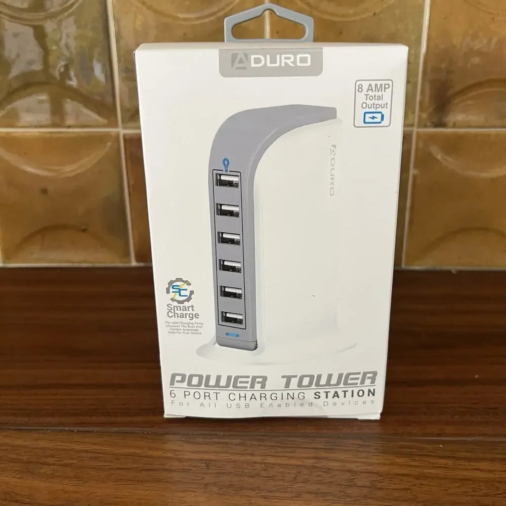 Aduro Power Tower 6-Port USB Desktop Charging Station NIB